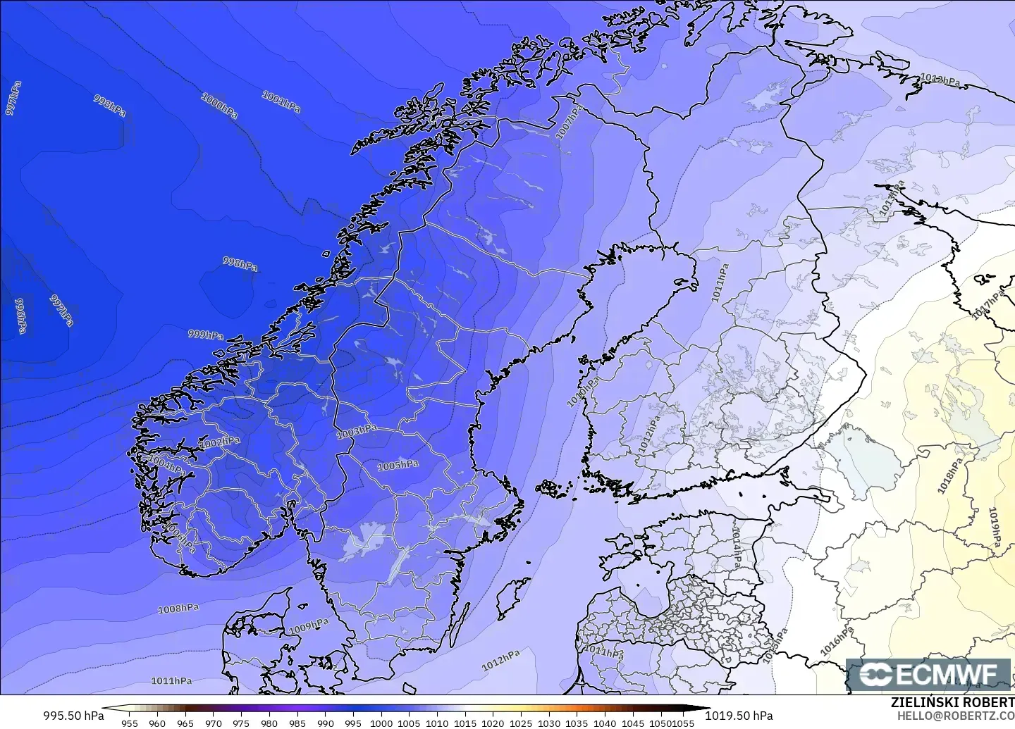 ECMWF IFS 0.25° modelo - Escandinavia, Presión