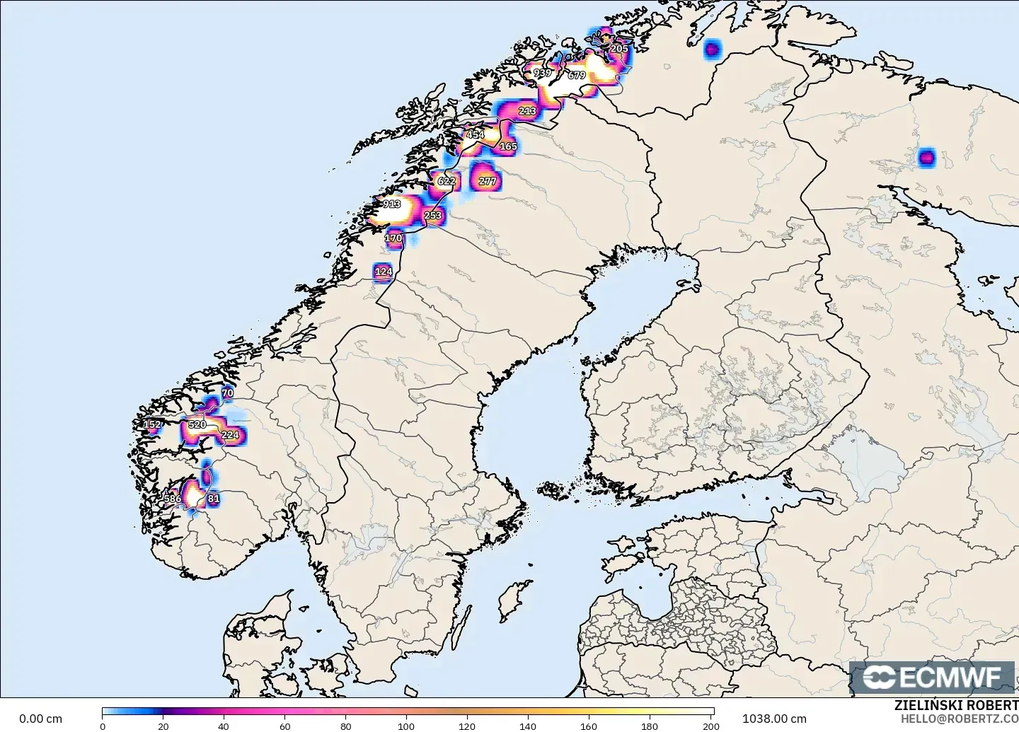 ECMWF IFS 0.25° modelo - Escandinavia, Profundidad de nieve