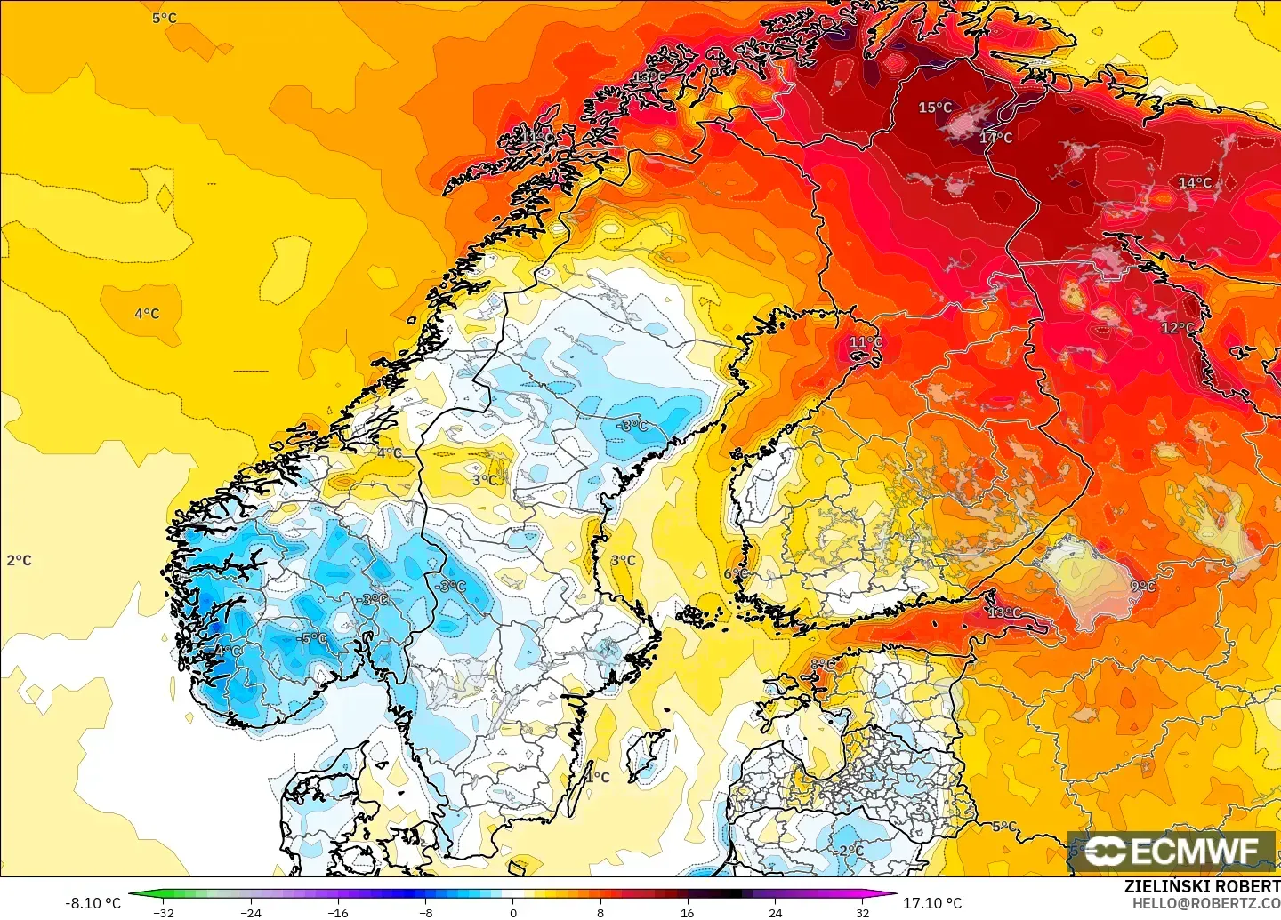 ECMWF IFS 0.25° modelo - Escandinavia, Anomalía de temperatura a 2 m