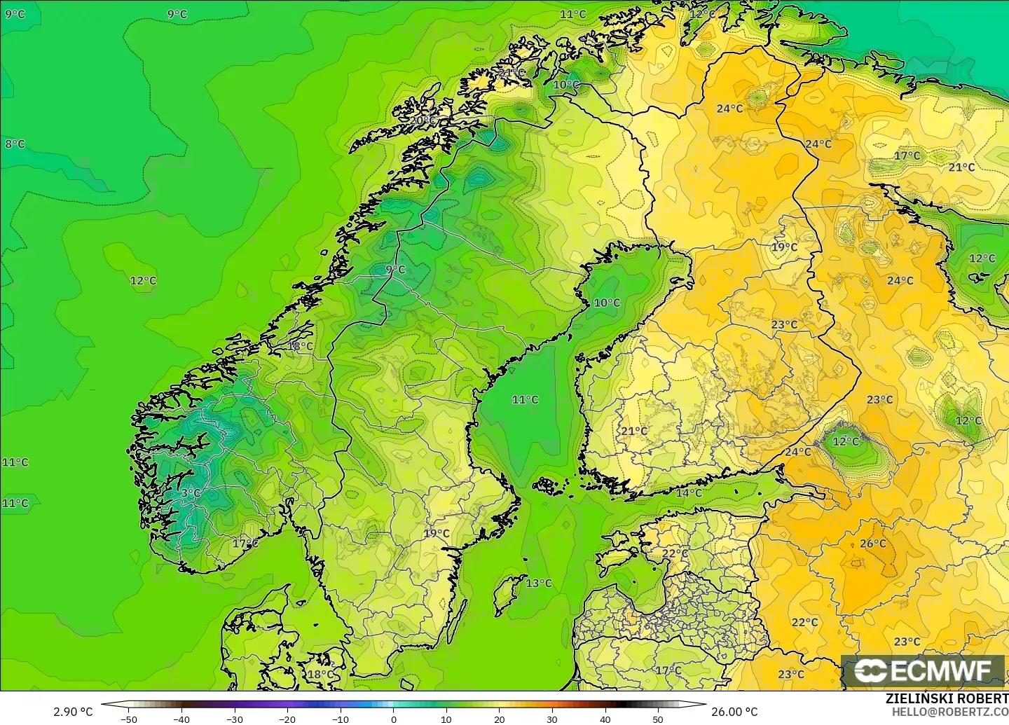 ECMWF IFS 0.25° modelo - Escandinavia, Temperatura a 2 m