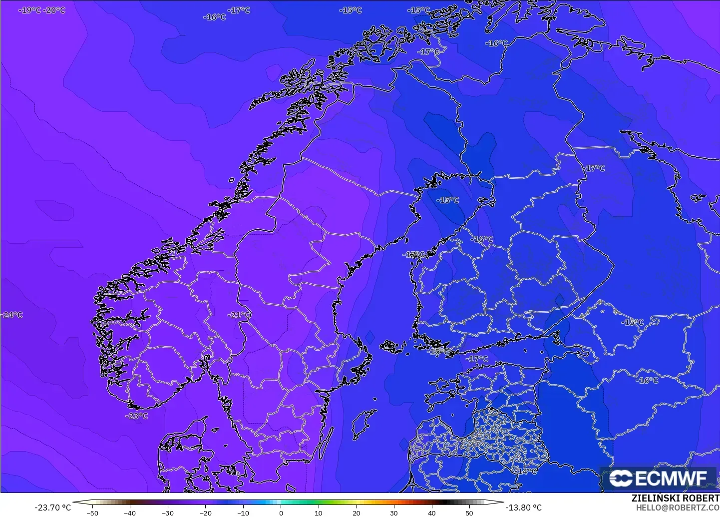 ECMWF IFS 0.25° modelo - Escandinavia, Temperatura a 500 hPa