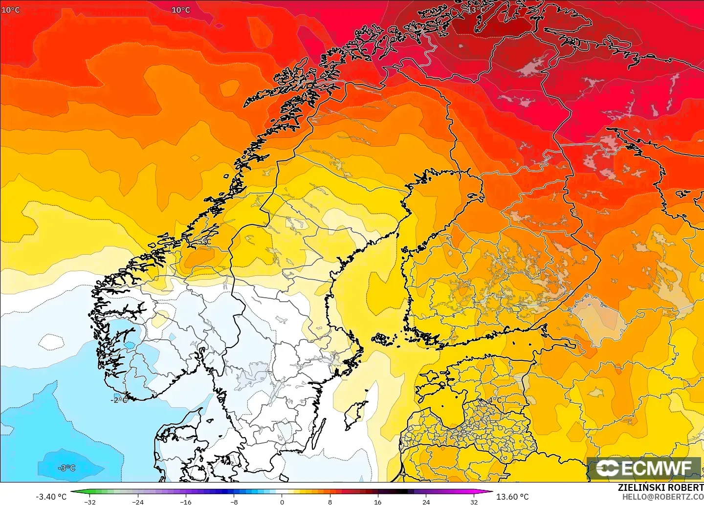 ECMWF IFS 0.25° modelo - Escandinavia, Anomalía de temperatura a 850 hPa