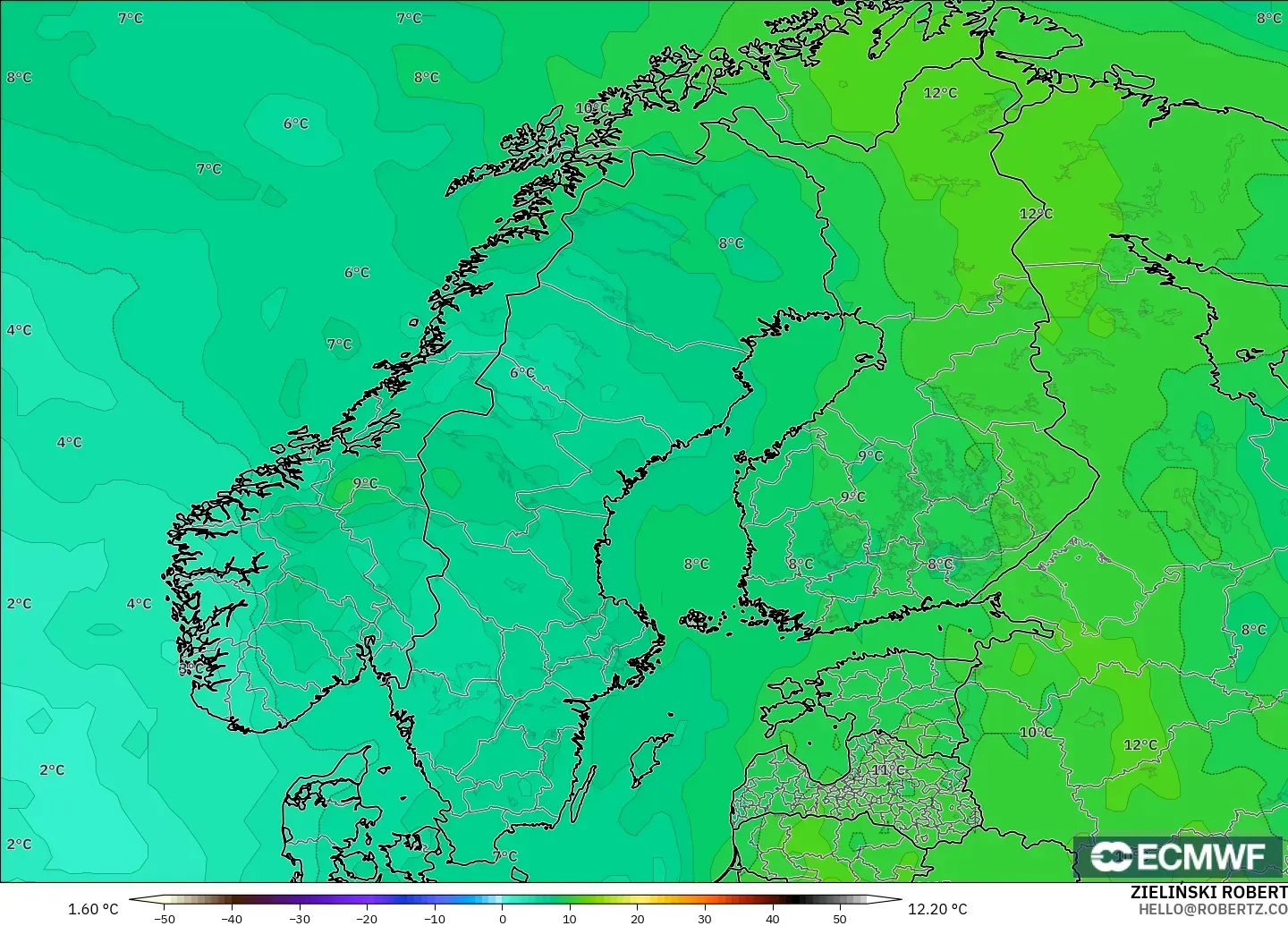 ECMWF IFS 0.25° modelo - Escandinavia, Temperatura a 850 hPa