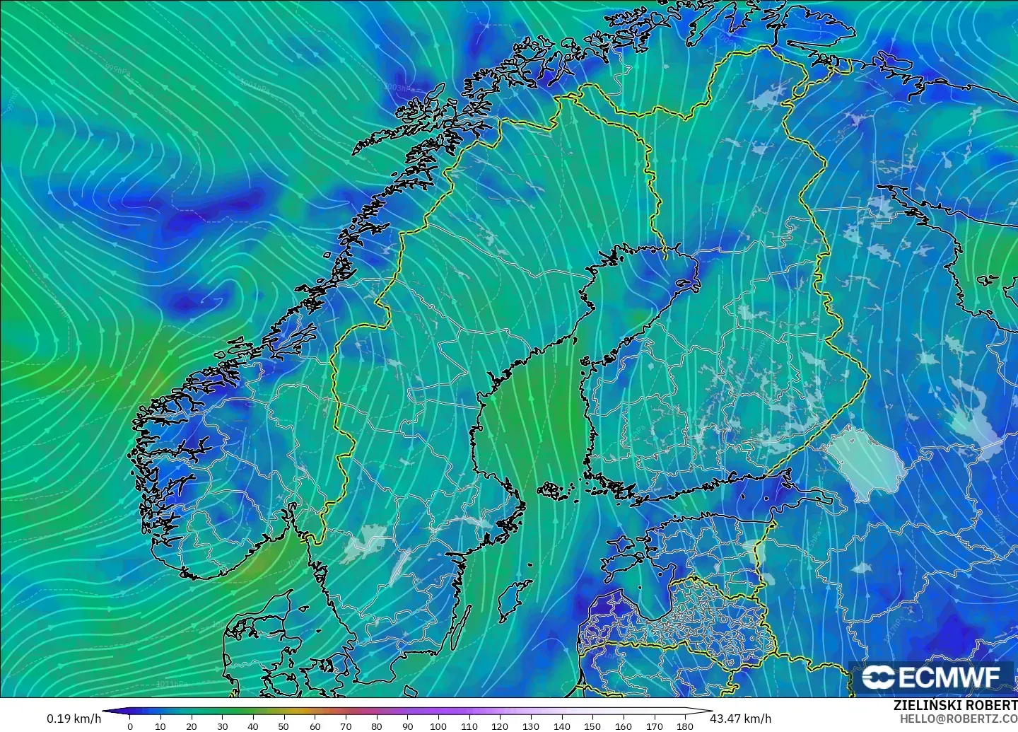 ECMWF IFS 0.25° modelo - Escandinavia, Viento a 10 m