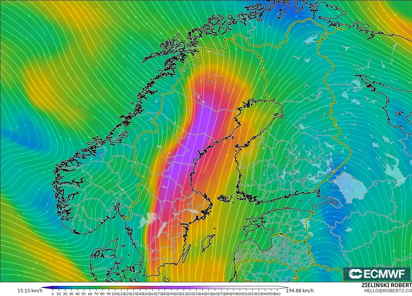 ECMWF IFS 0.25° modelo - Escandinavia, Viento a 300 hPa (corriente en chorro)