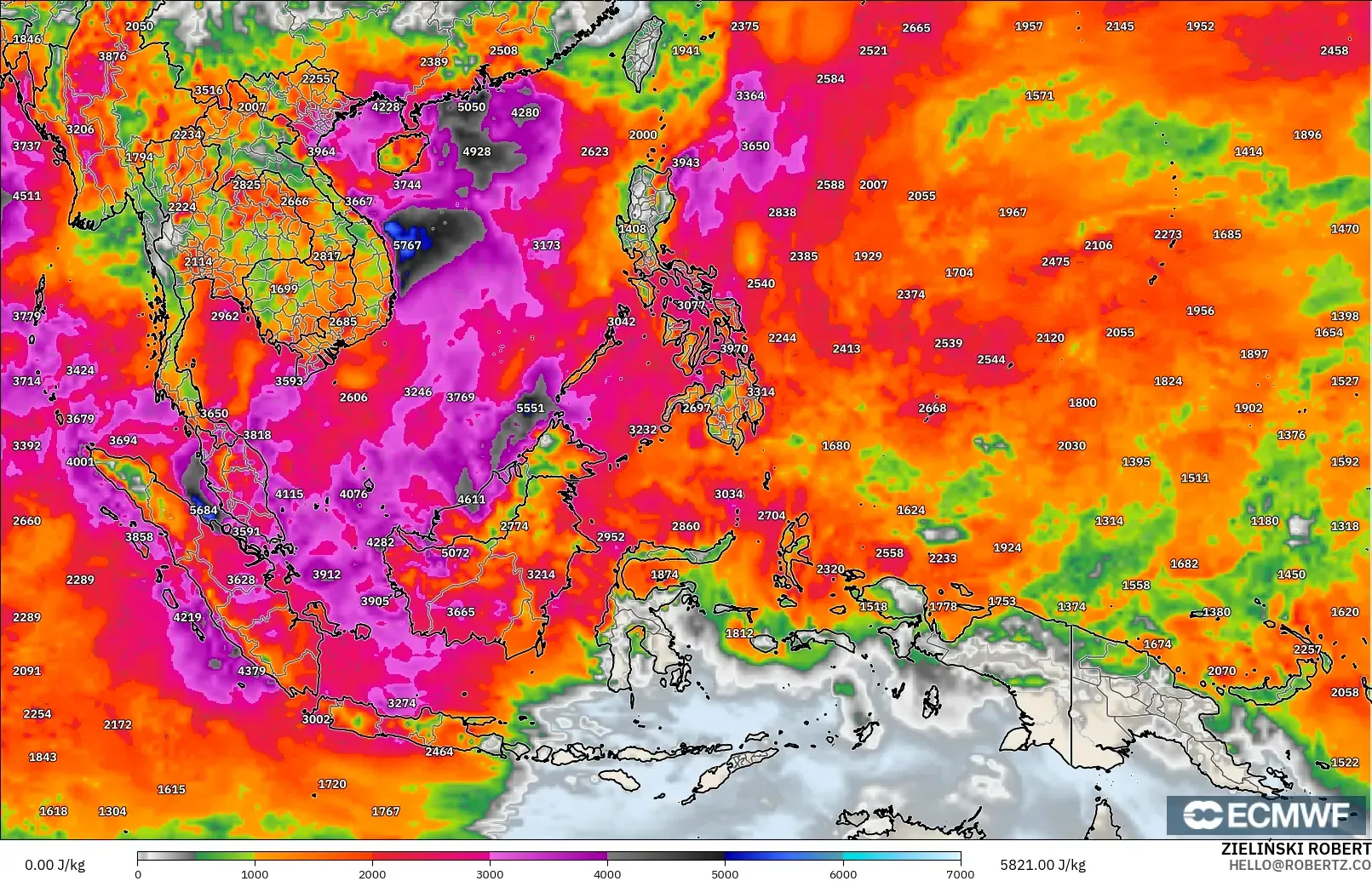 ECMWF IFS 0.25° modelo - Sudeste Asiático, CAPE