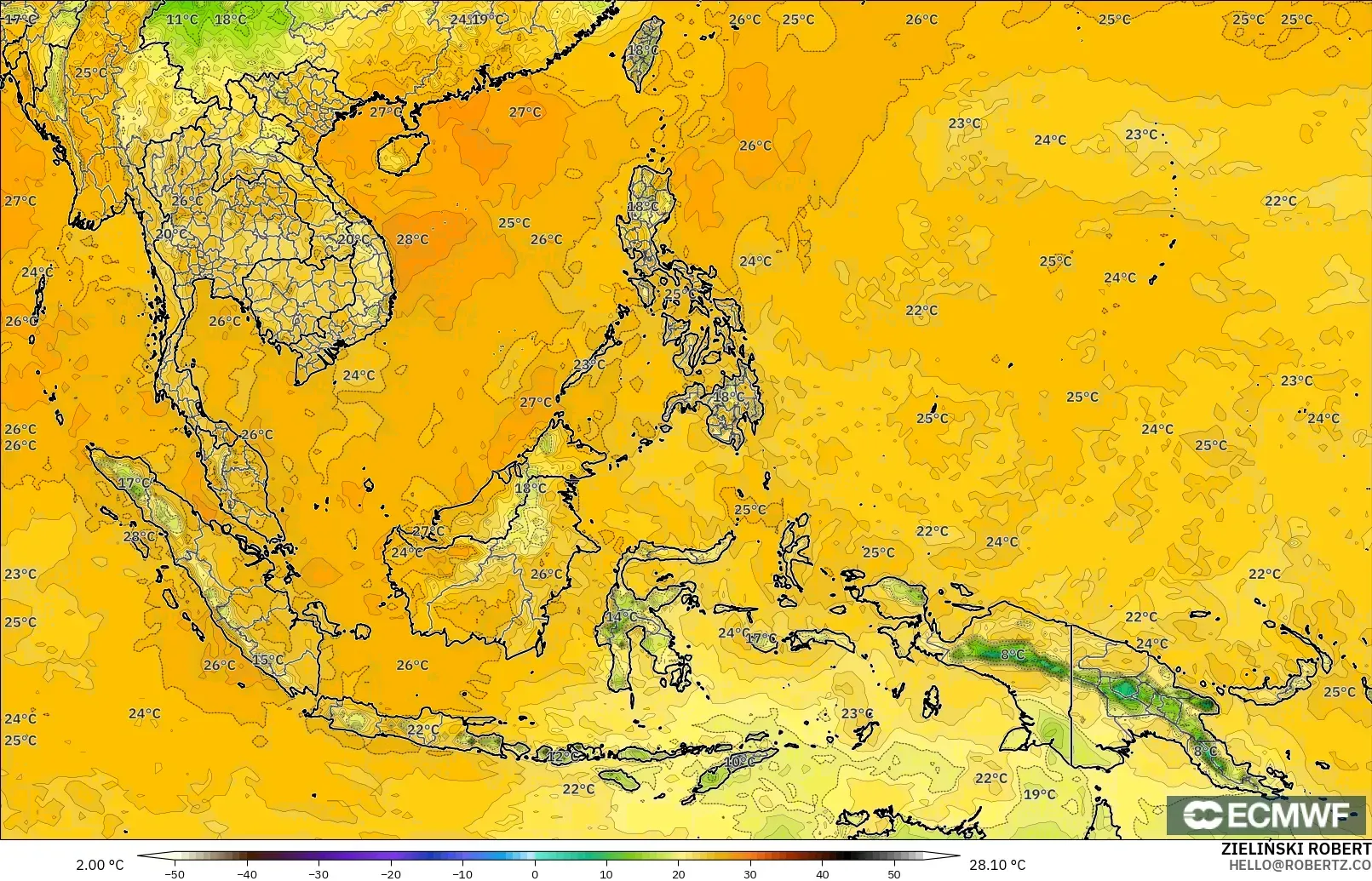 ECMWF IFS 0.25° modelo - Sudeste Asiático, Punto de rocío a 2 m