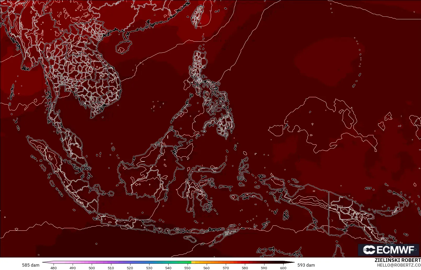 ECMWF IFS 0.25° modelo - Sudeste Asiático, Altura geopotencial a 500 hPa