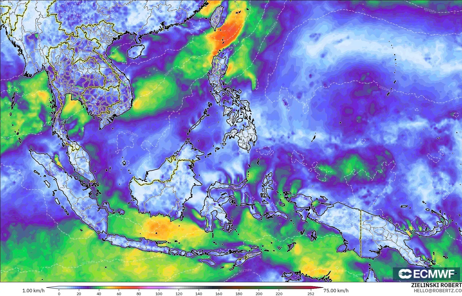 ECMWF IFS 0.25° modelo - Sudeste Asiático, Ráfagas de Viento Máximas