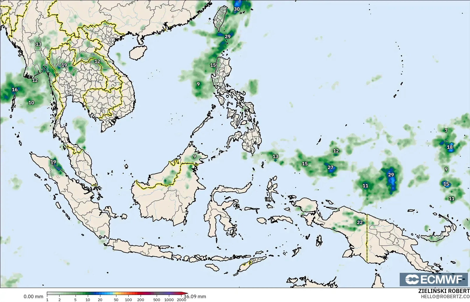 ECMWF IFS 0.25° modelo - Sudeste Asiático, Acumulación de precipitación