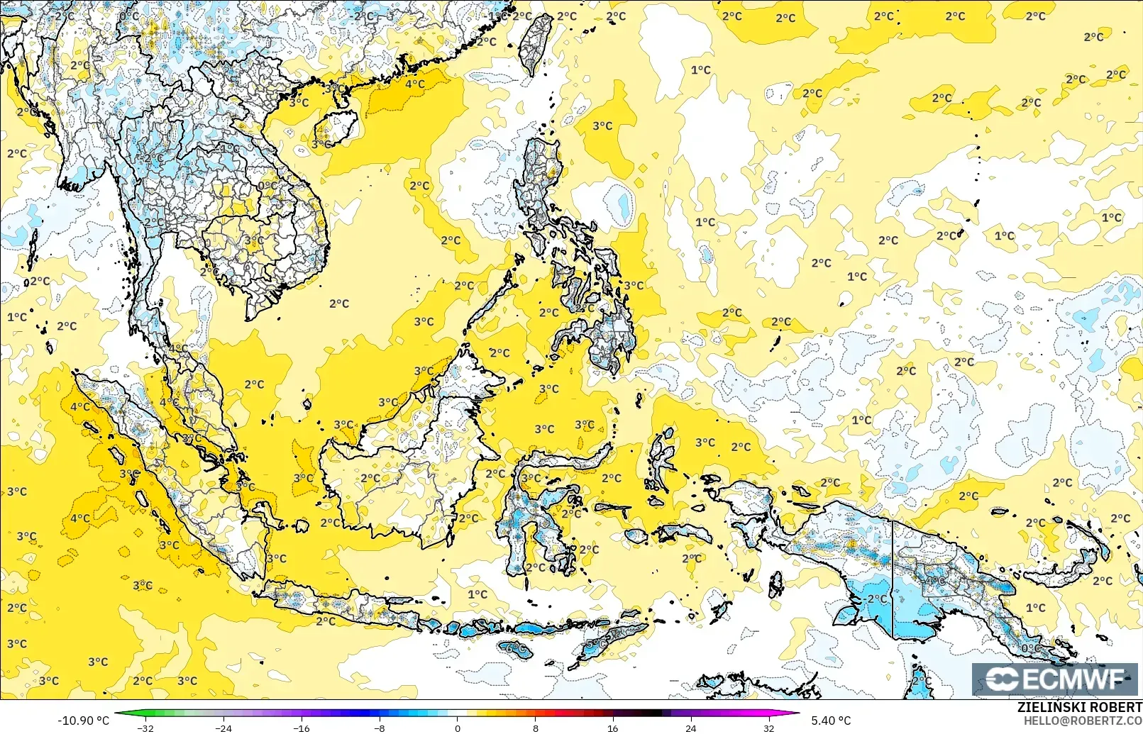 ECMWF IFS 0.25° modelo - Sudeste Asiático, Anomalía de temperatura a 2 m