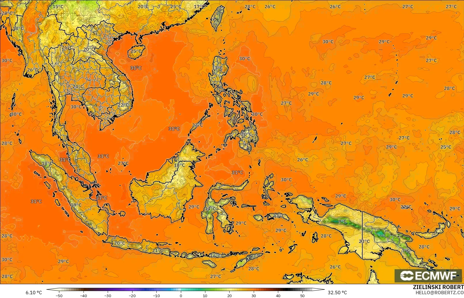 ECMWF IFS 0.25° modelo - Sudeste Asiático, Temperatura a 2 m