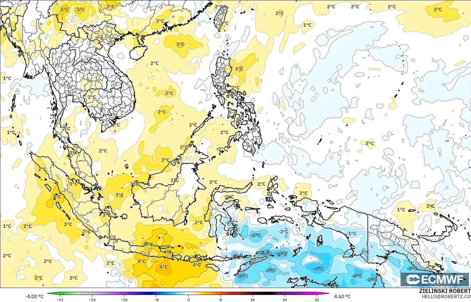 ECMWF IFS 0.25° modelo - Sudeste Asiático, Anomalía de temperatura a 850 hPa