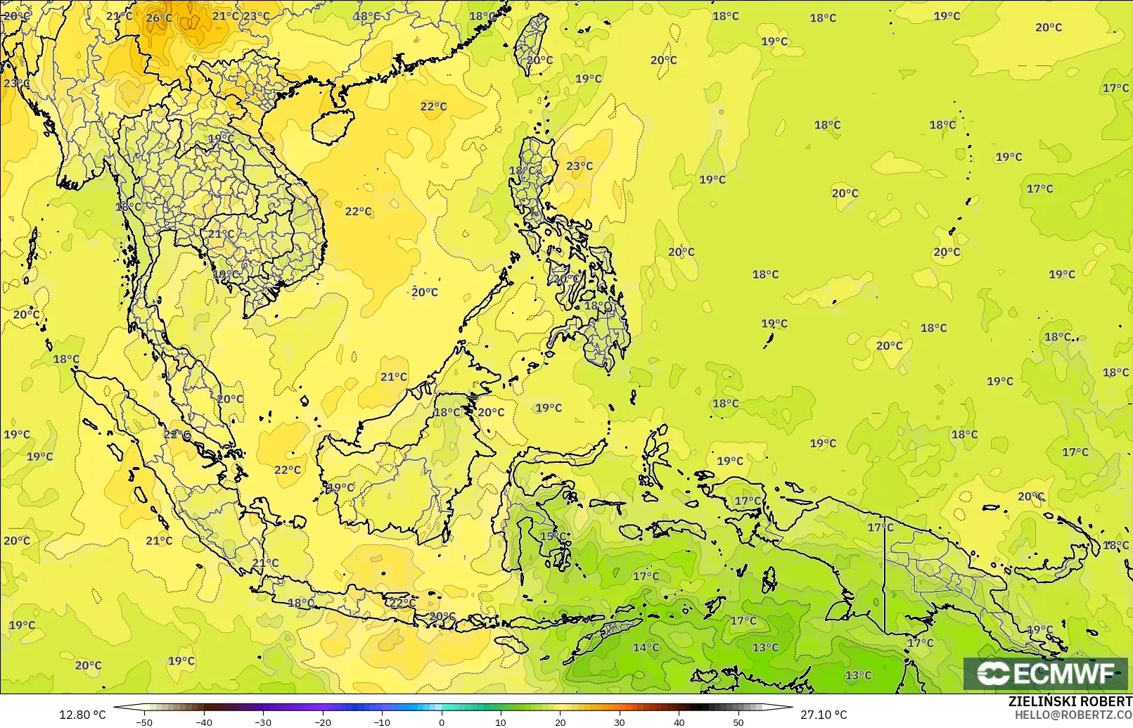 ECMWF IFS 0.25° modelo - Sudeste Asiático, Temperatura a 850 hPa
