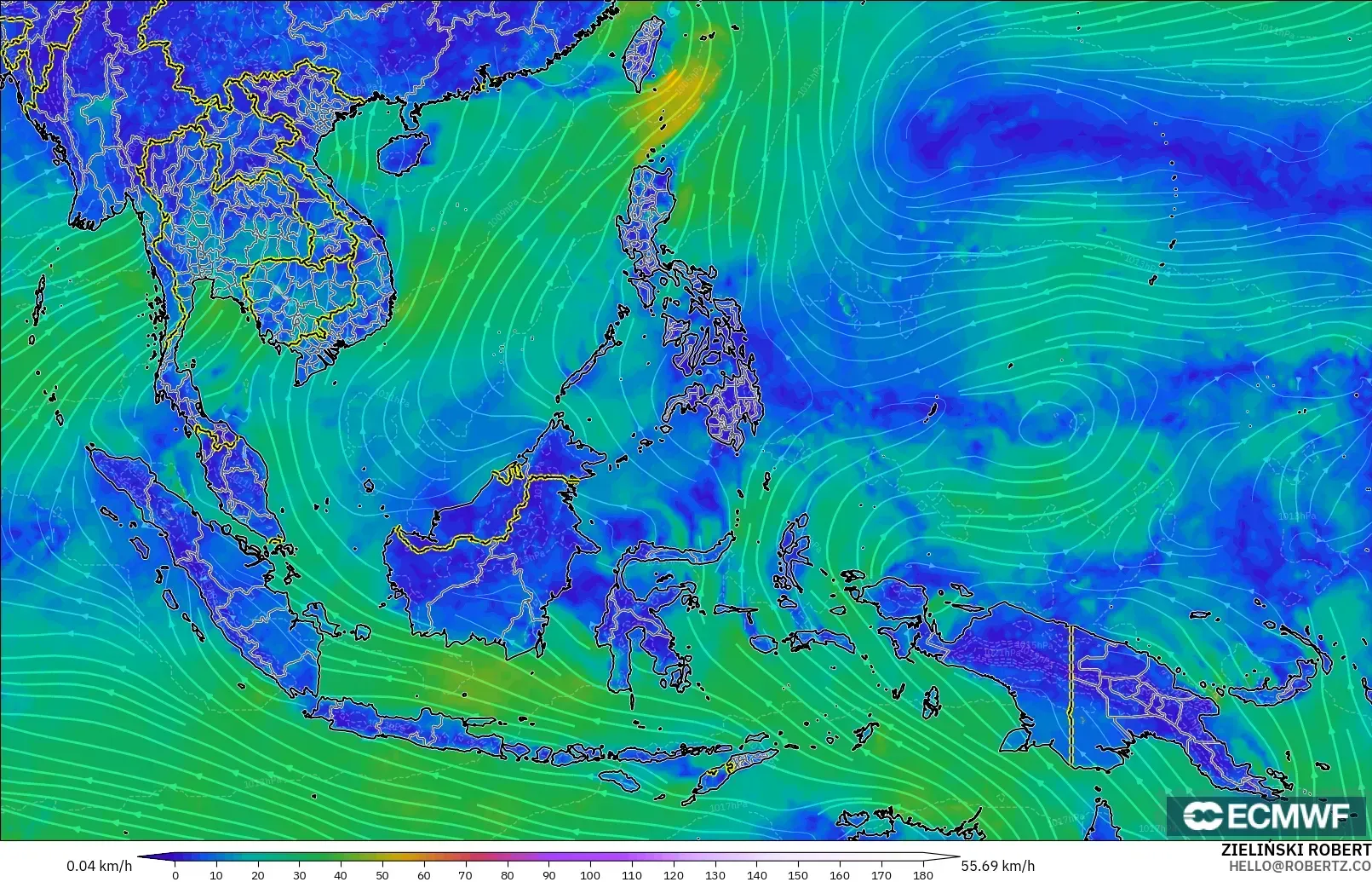 ECMWF IFS 0.25° modelo - Sudeste Asiático, Viento a 10 m