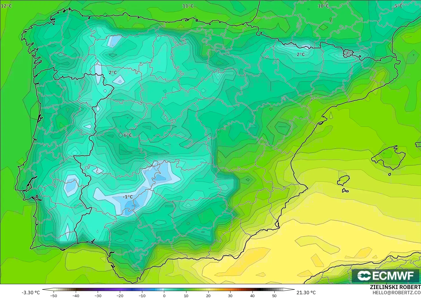 ECMWF IFS 0.25° modelo - España, Punto de rocío a 2 m