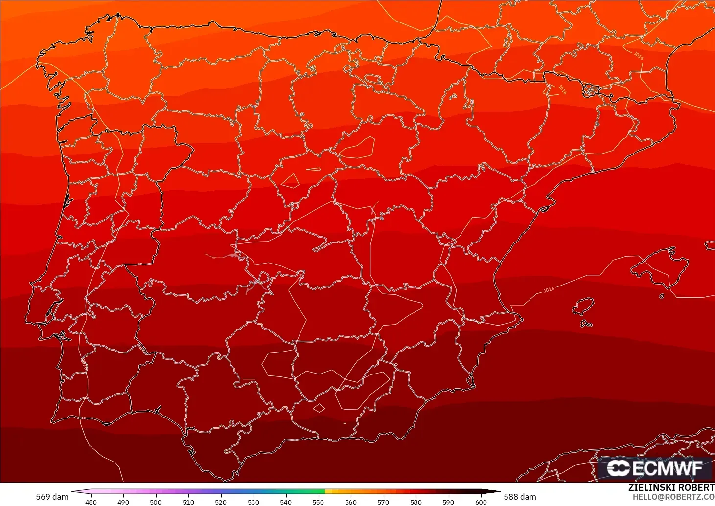 ECMWF IFS 0.25° modelo - España, Altura geopotencial a 500 hPa
