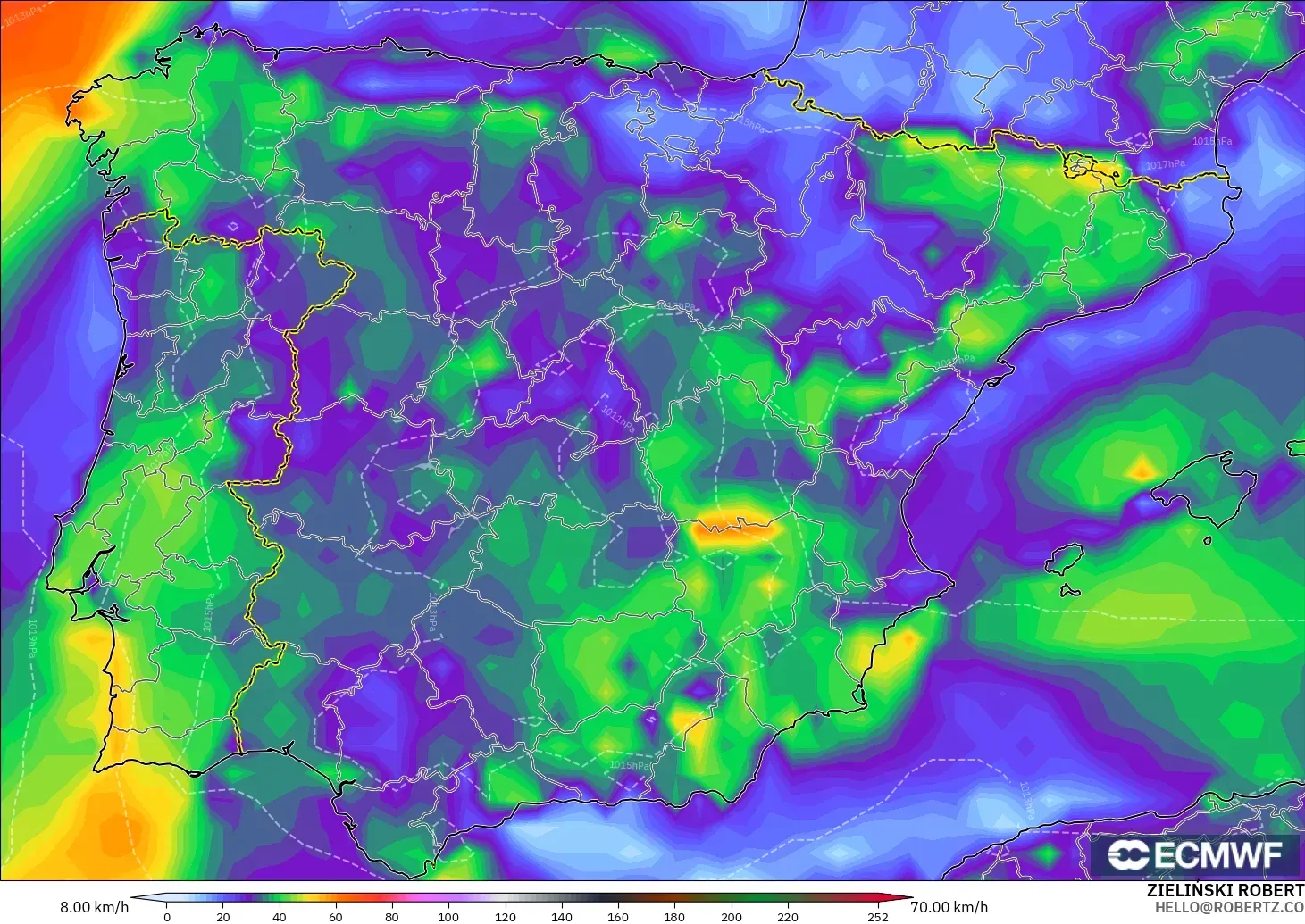 ECMWF IFS 0.25° modelo - España, Ráfagas de viento