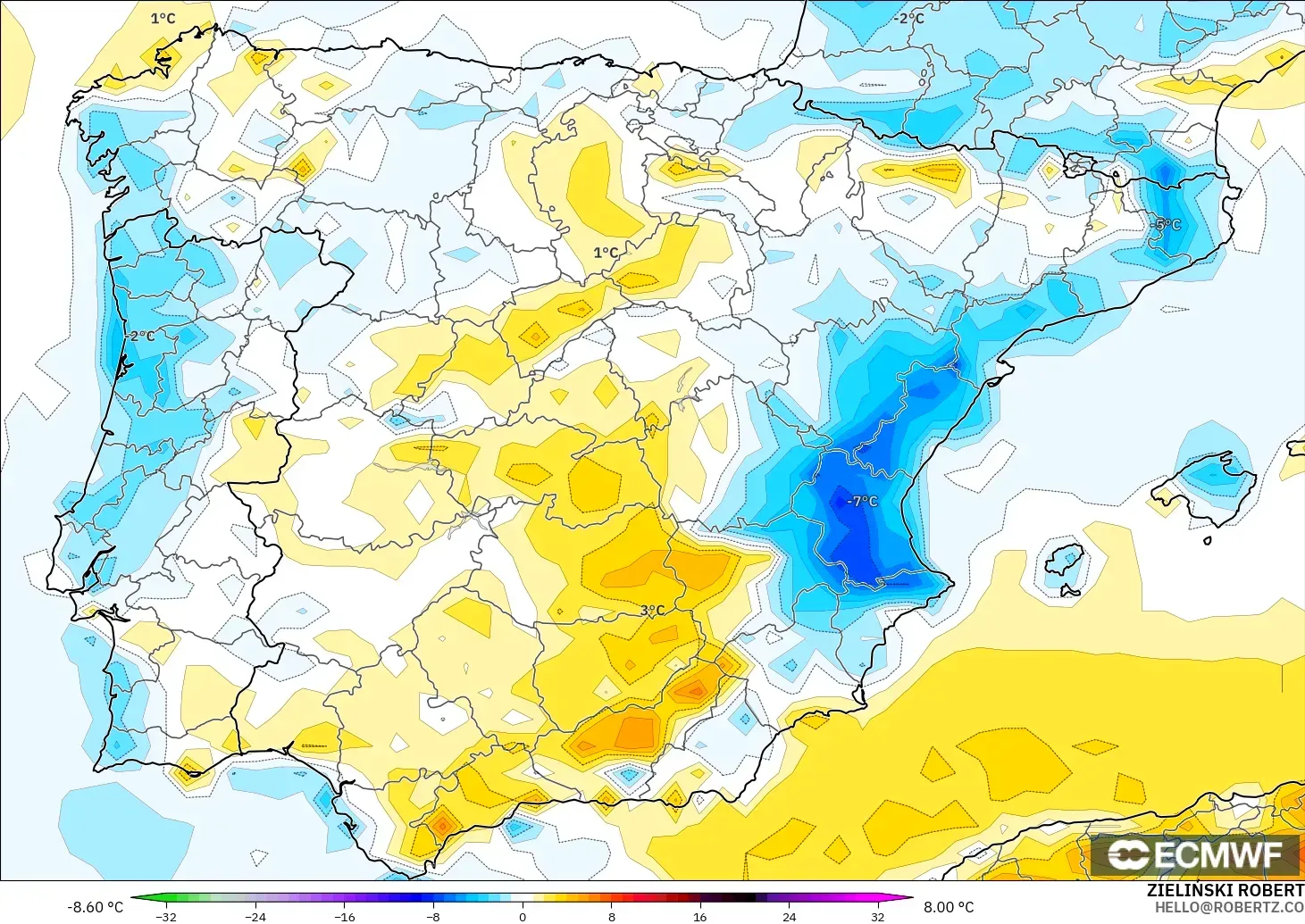 ECMWF IFS 0.25° modelo - España, Anomalía de temperatura a 2 m