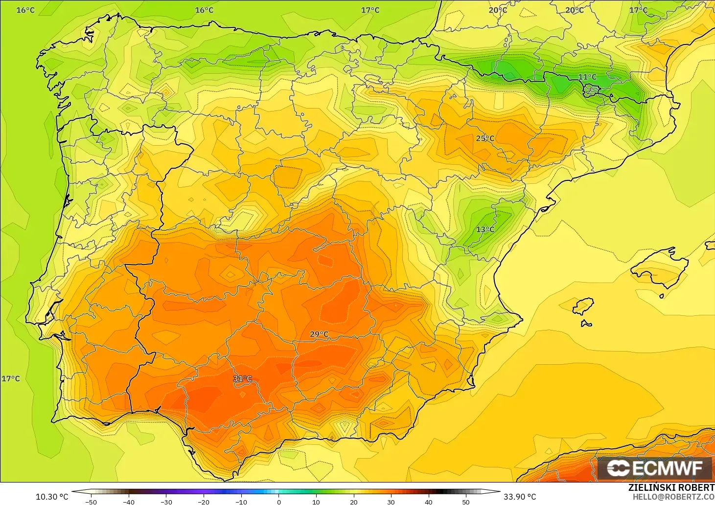 ECMWF IFS 0.25° modelo - España, Temperatura a 2 m
