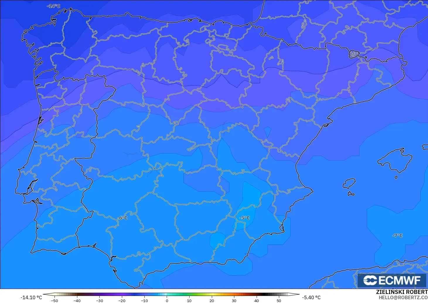 ECMWF IFS 0.25° modelo - España, Temperatura a 500 hPa