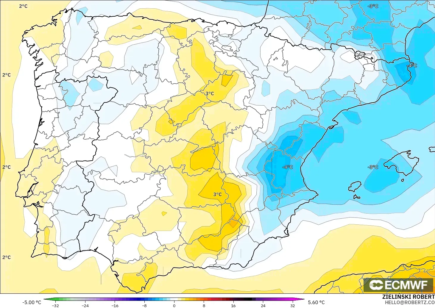 ECMWF IFS 0.25° modelo - España, Anomalía de temperatura a 850 hPa