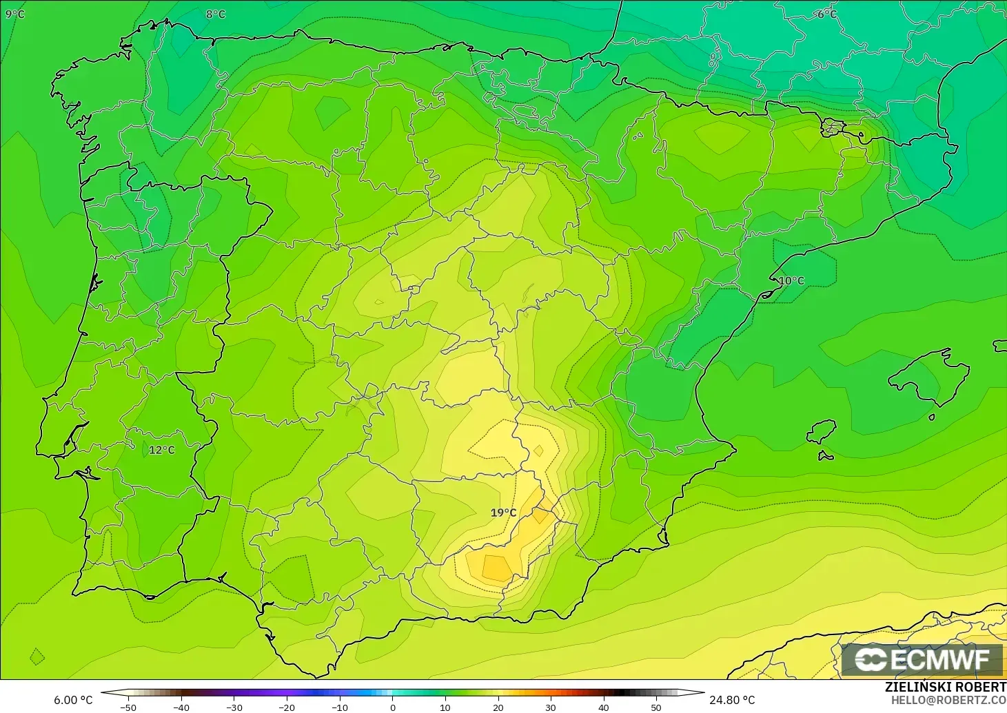ECMWF IFS 0.25° modelo - España, Temperatura a 850 hPa