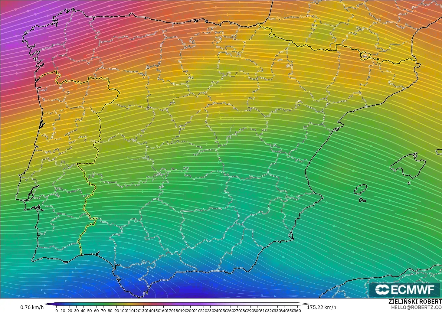 ECMWF IFS 0.25° modelo - España, Viento a 300 hPa (corriente en chorro)
