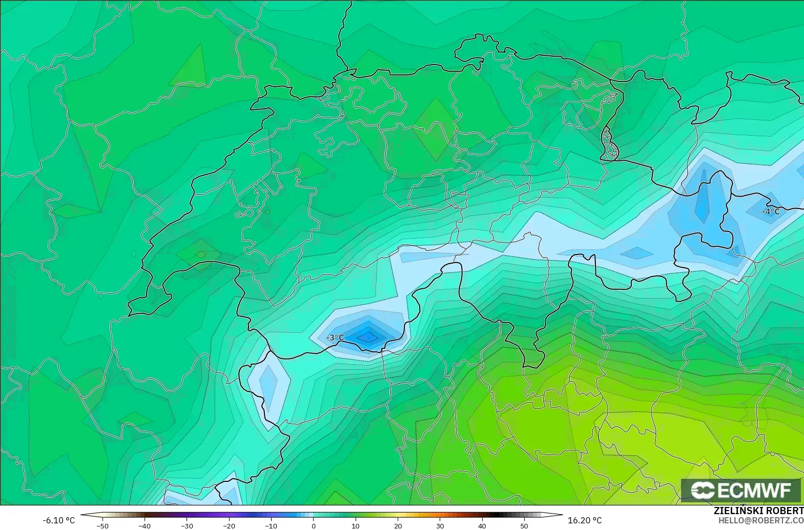ECMWF IFS 0.25° modelo - Suiza, Punto de rocío a 2 m