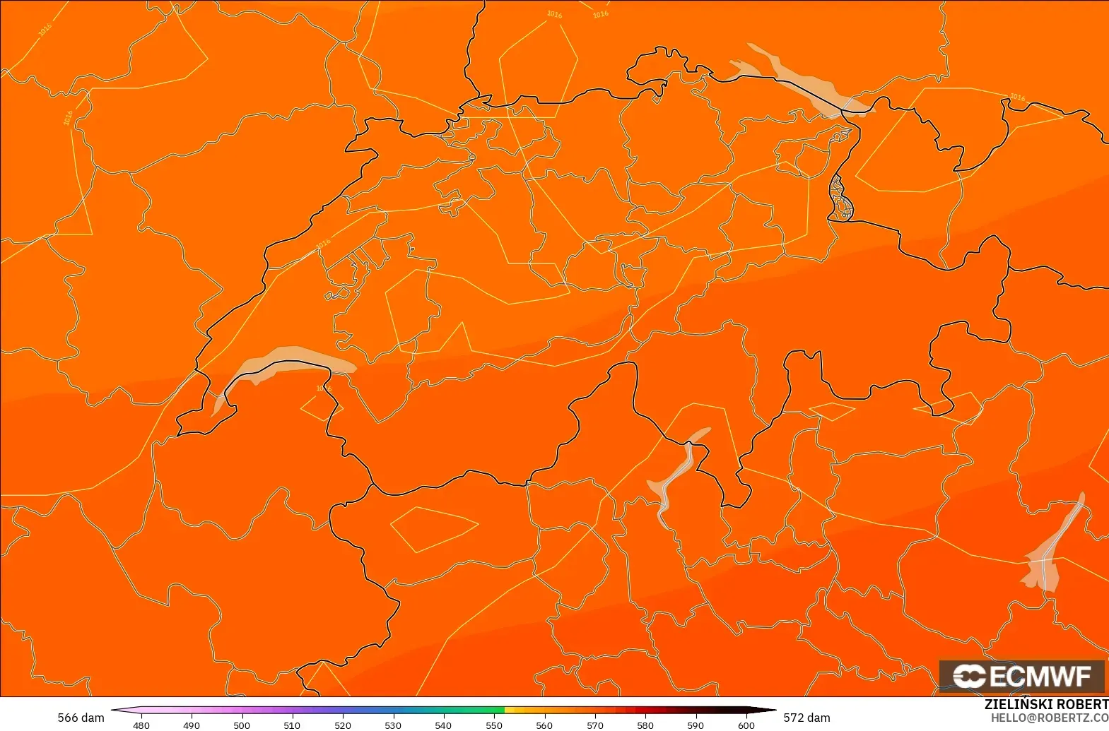 ECMWF IFS 0.25° modelo - Suiza, Altura geopotencial a 500 hPa