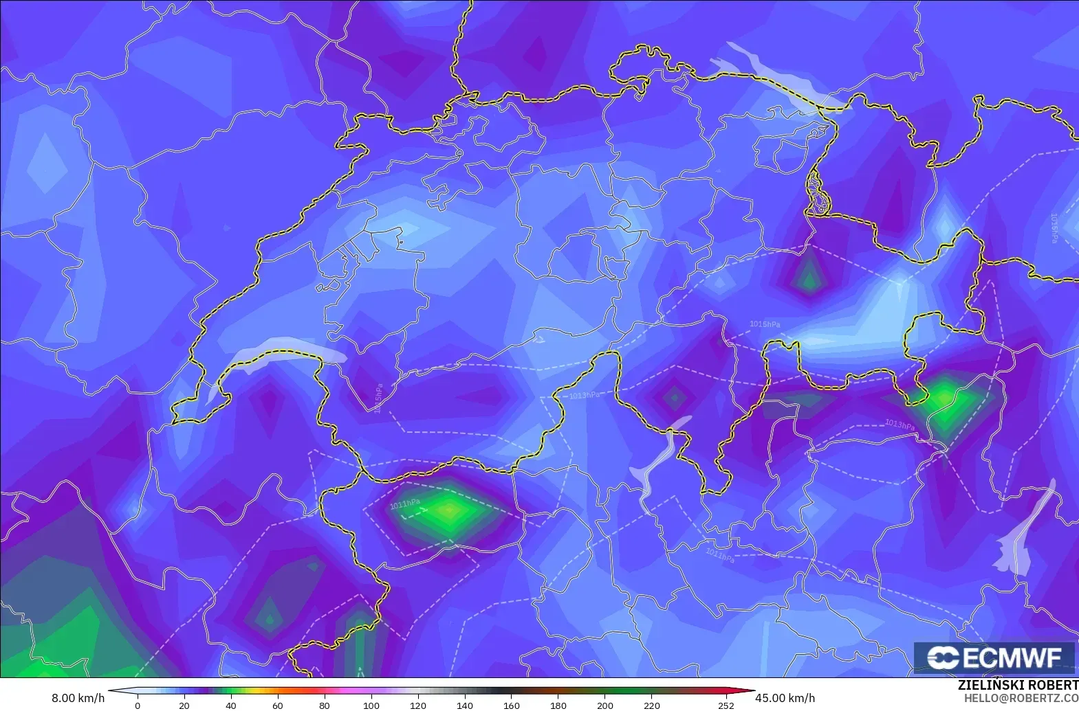 ECMWF IFS 0.25° modelo - Suiza, Ráfagas de Viento Máximas
