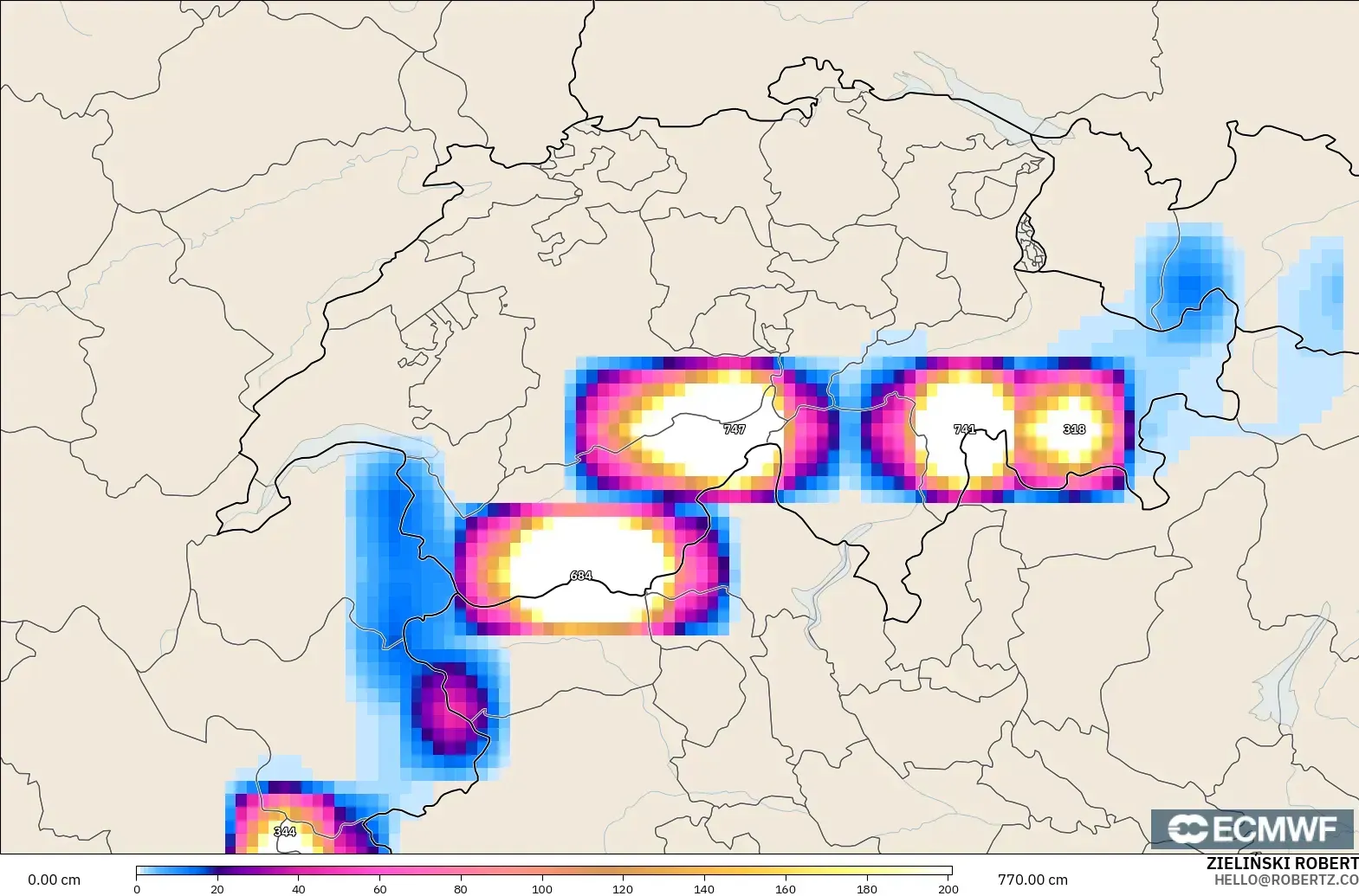 ECMWF IFS 0.25° modelo - Suiza, Profundidad de nieve