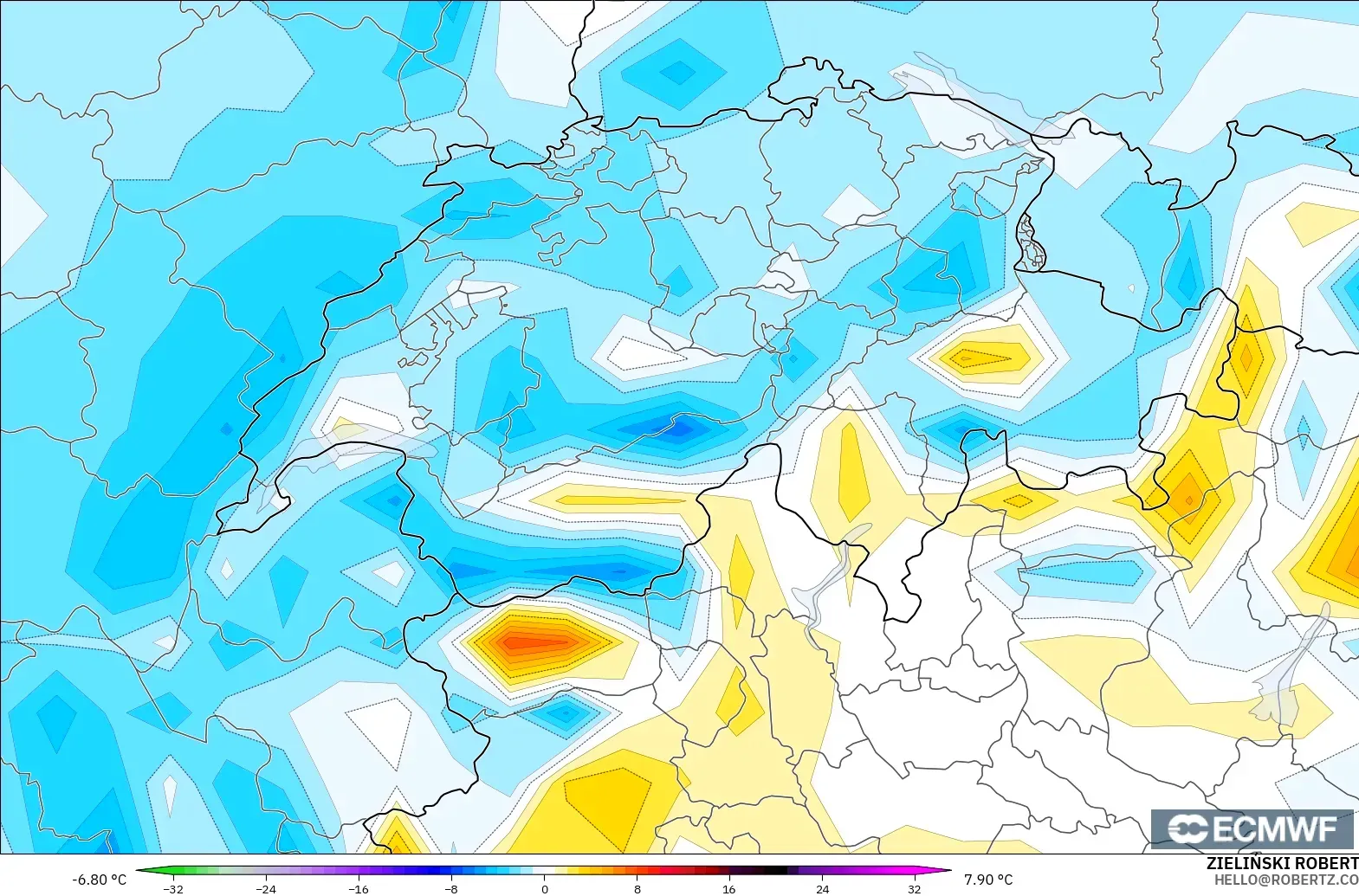 ECMWF IFS 0.25° modelo - Suiza, Anomalía de temperatura a 2 m