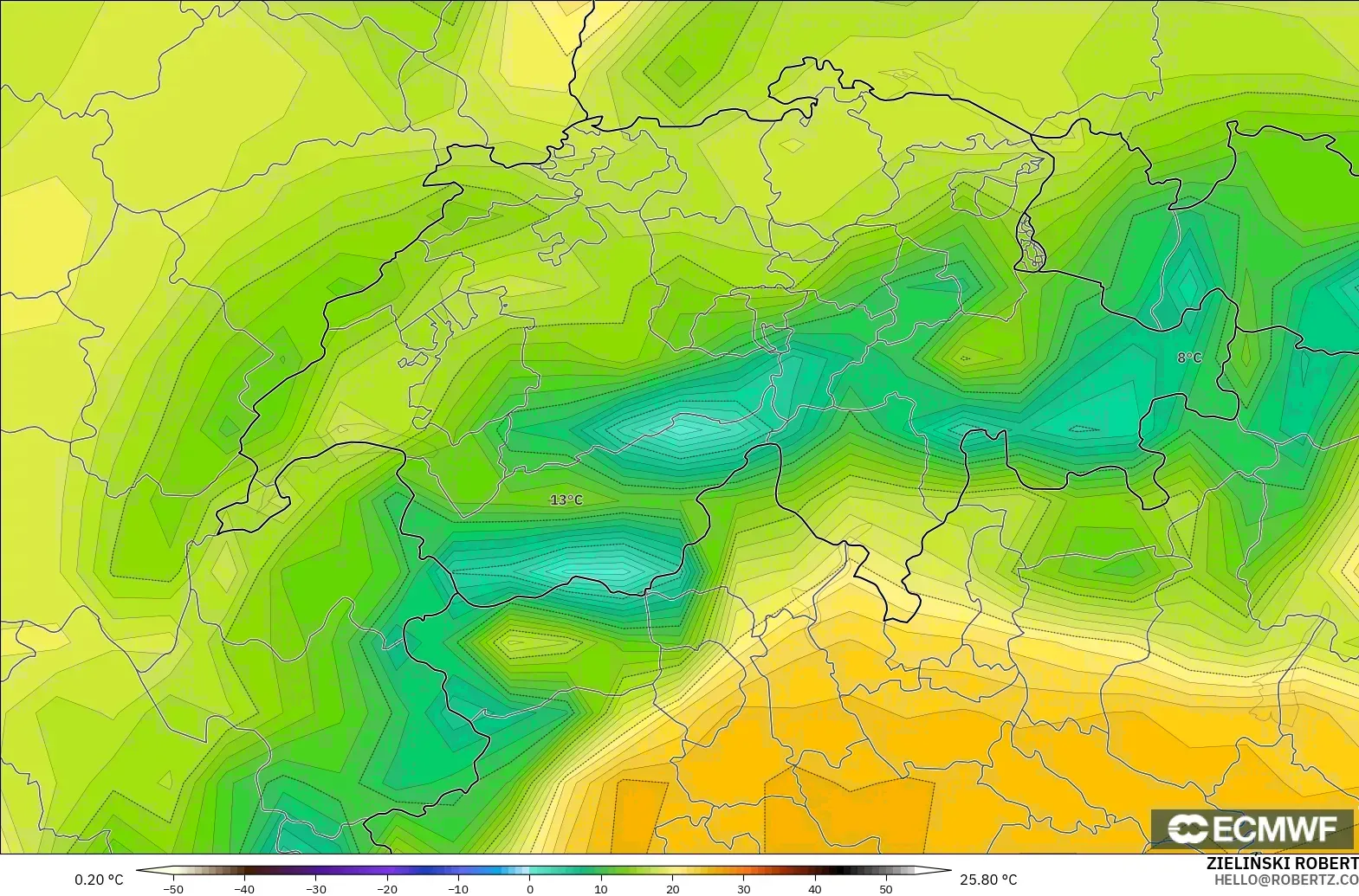 ECMWF IFS 0.25° modelo - Suiza, Temperatura a 2 m
