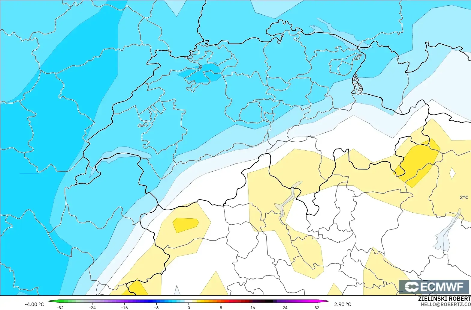 ECMWF IFS 0.25° modelo - Suiza, Anomalía de temperatura a 850 hPa