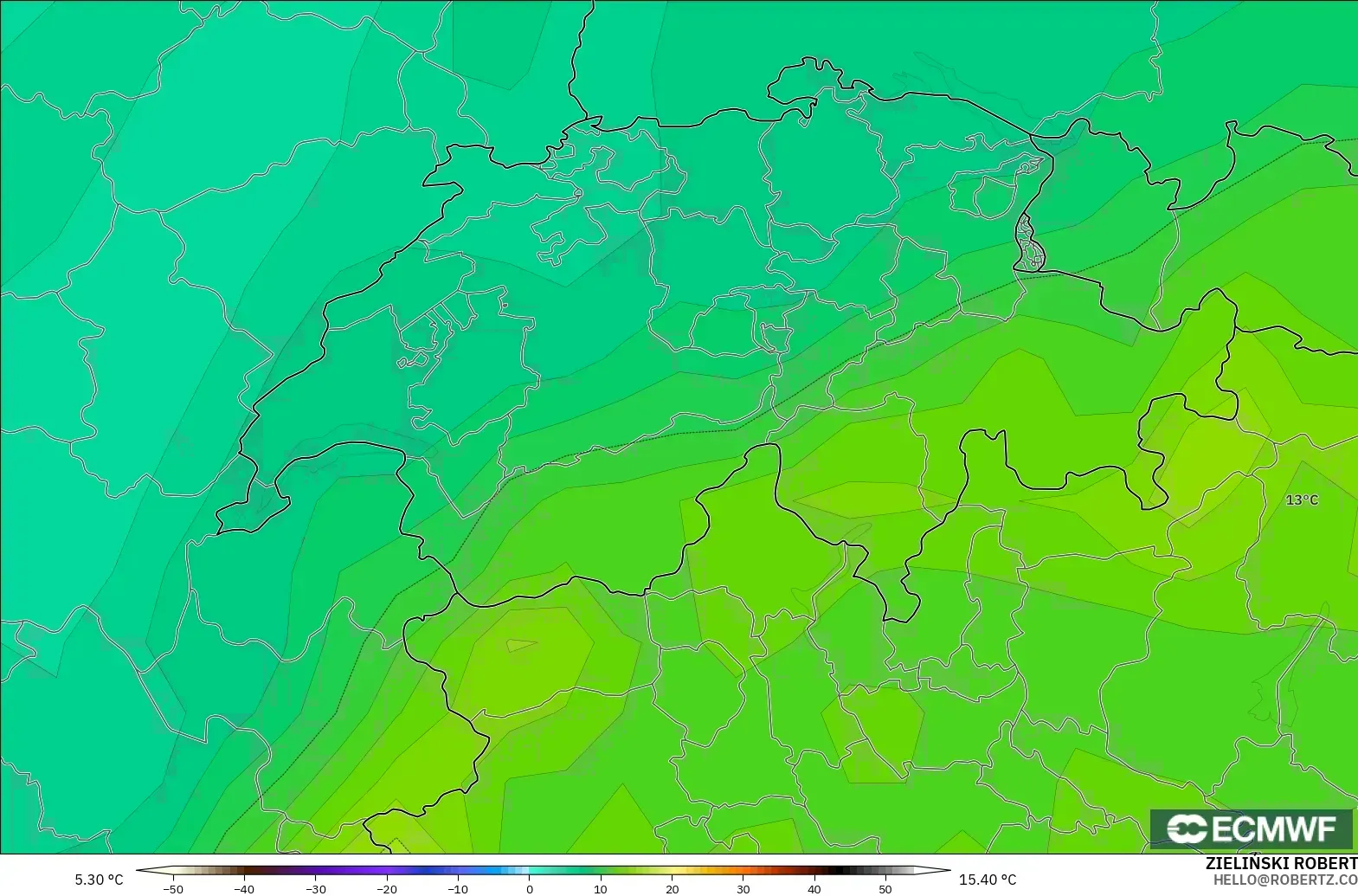 ECMWF IFS 0.25° modelo - Suiza, Temperatura a 850 hPa