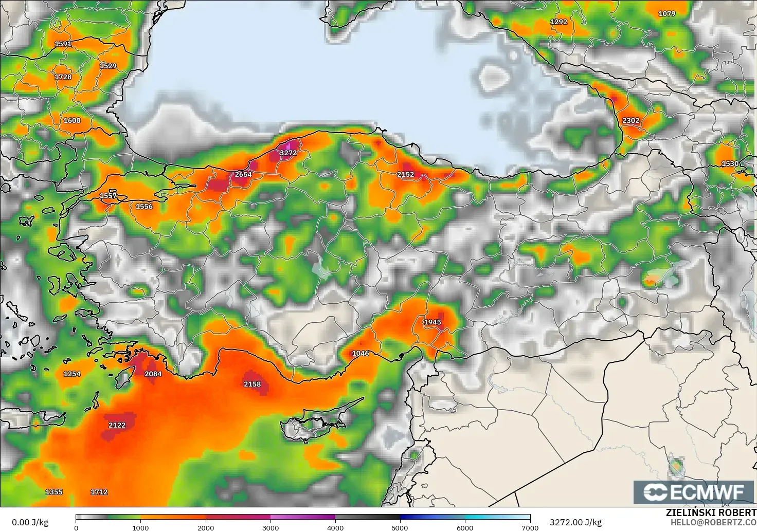 ECMWF IFS 0.25° modelo - Turquía, CAPE