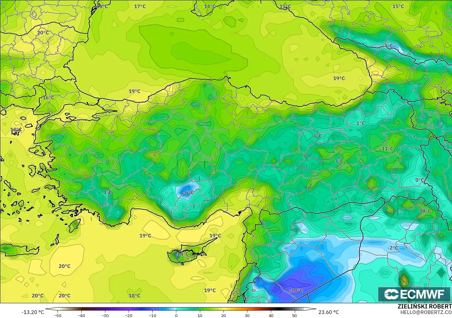 ECMWF IFS 0.25° modelo - Turquía, Punto de rocío a 2 m