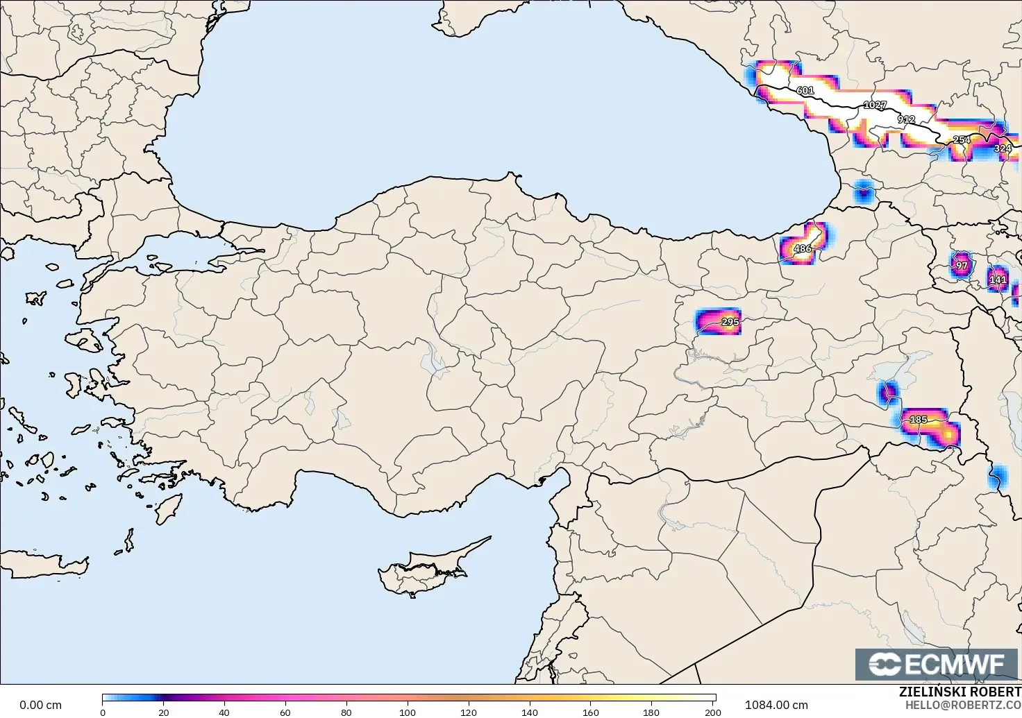 ECMWF IFS 0.25° modelo - Turquía, Profundidad de nieve