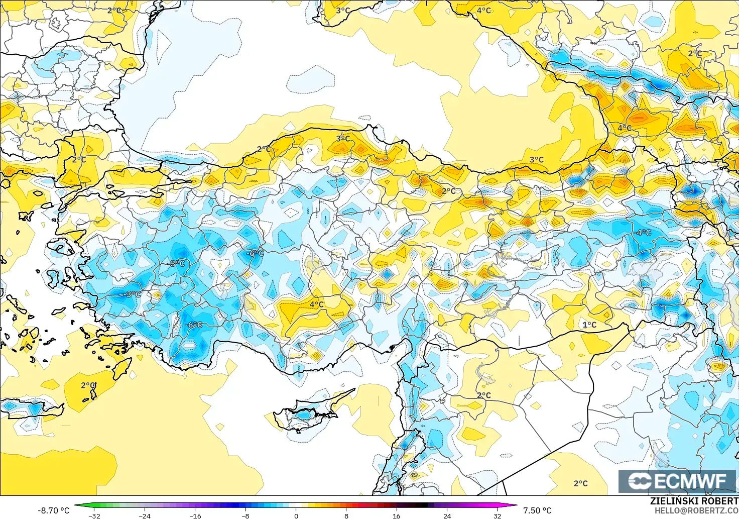 ECMWF IFS 0.25° modelo - Turquía, Anomalía de temperatura a 2 m
