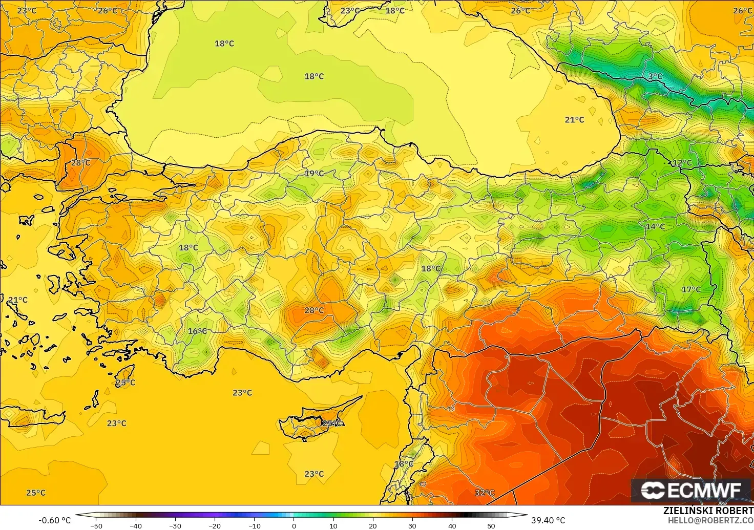 ECMWF IFS 0.25° modelo - Turquía, Temperatura a 2 m
