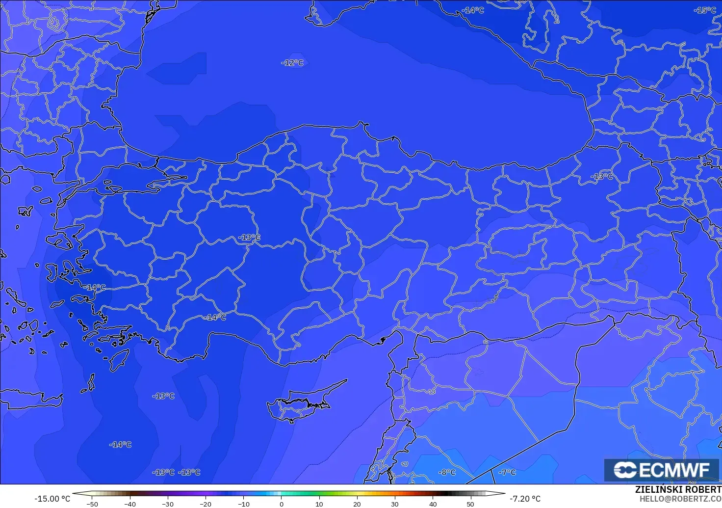 ECMWF IFS 0.25° modelo - Turquía, Temperatura a 500 hPa