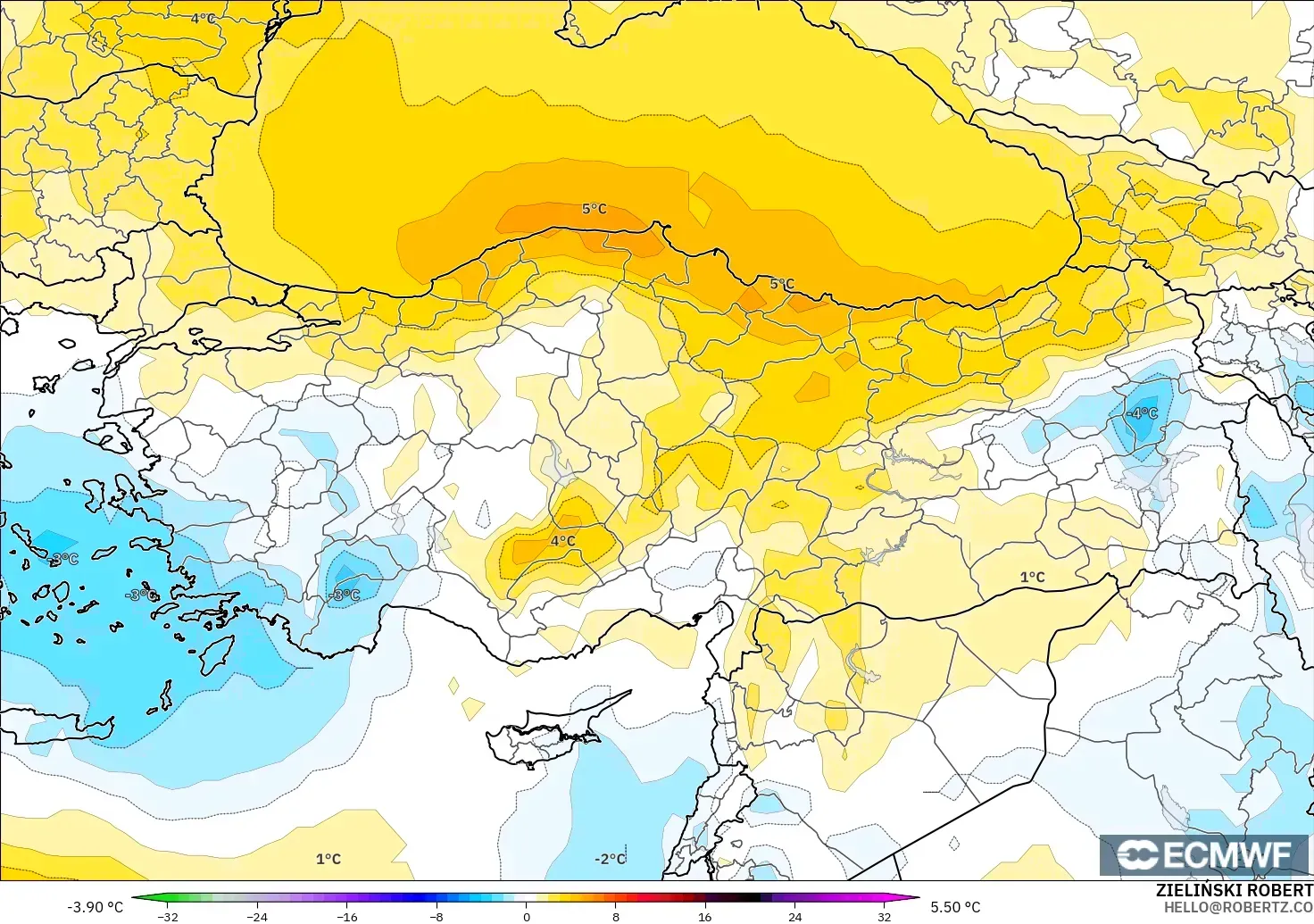 ECMWF IFS 0.25° modelo - Turquía, Anomalía de temperatura a 850 hPa