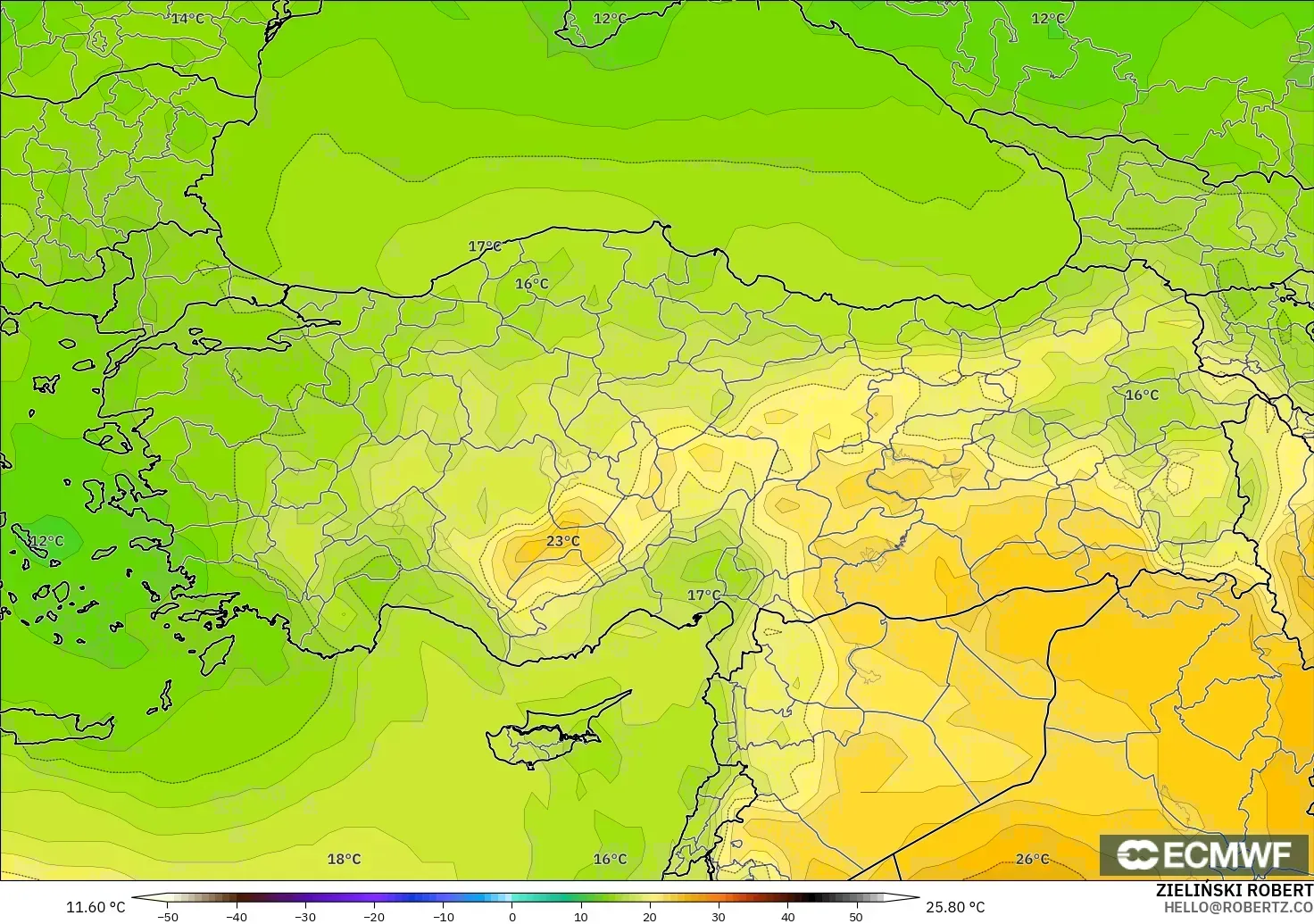 ECMWF IFS 0.25° modelo - Turquía, Temperatura a 850 hPa