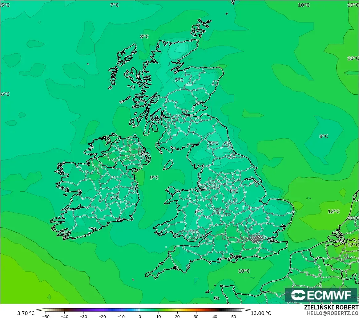 ECMWF IFS 0.25° modelo - Reino Unido, Punto de rocío a 2 m