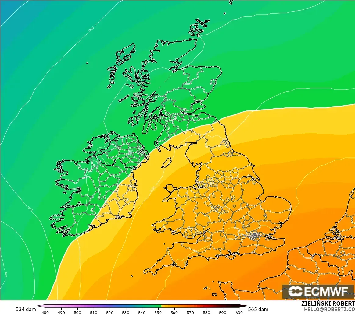 ECMWF IFS 0.25° modelo - Reino Unido, Altura geopotencial a 500 hPa