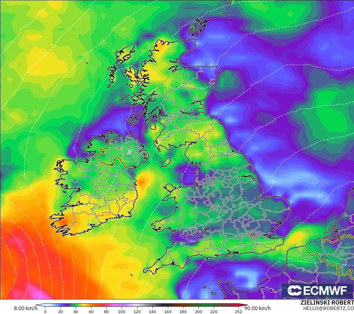 ECMWF IFS 0.25° modelo - Reino Unido, Ráfagas de Viento Máximas