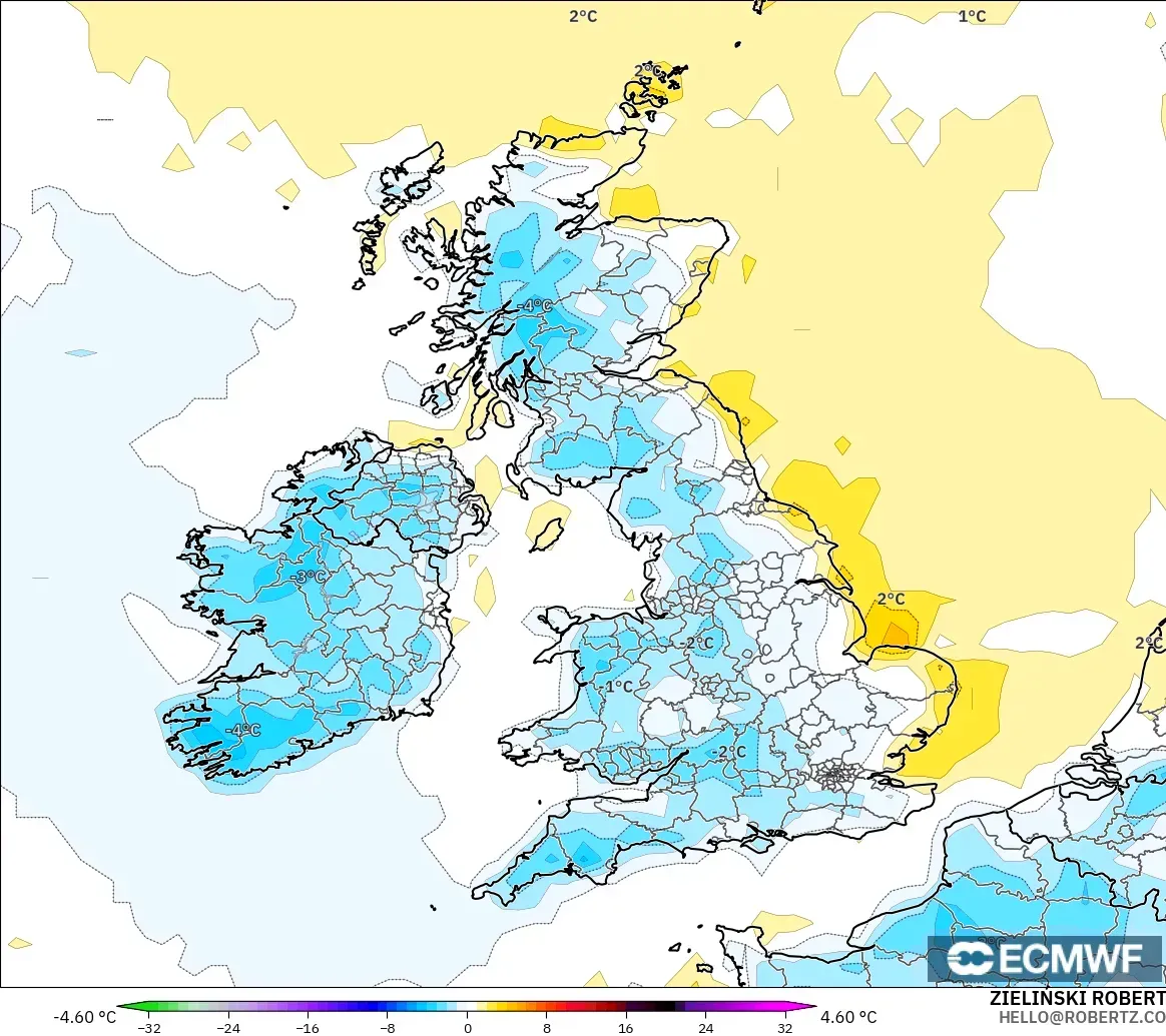 ECMWF IFS 0.25° modelo - Reino Unido, Anomalía de temperatura a 2 m