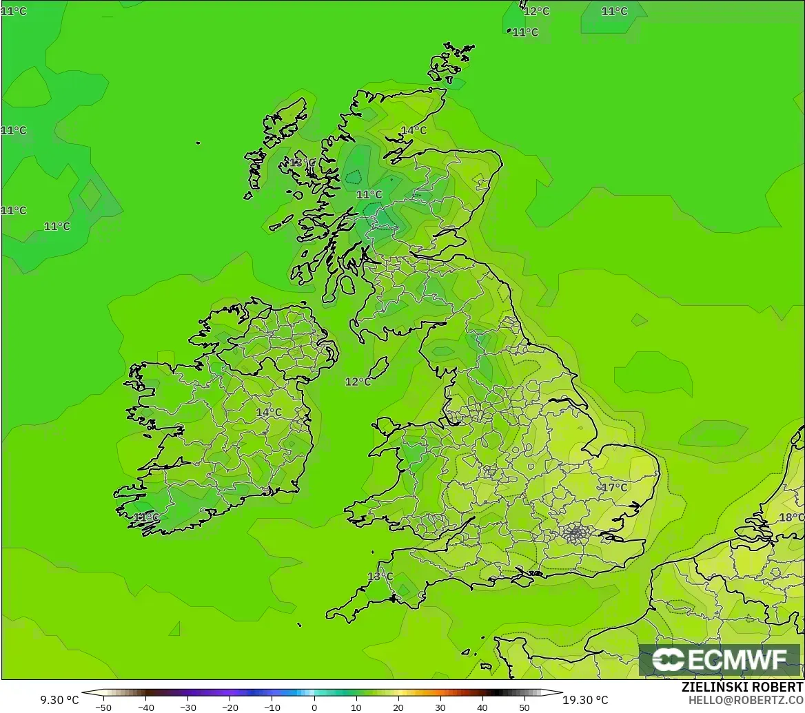 ECMWF IFS 0.25° modelo - Reino Unido, Temperatura a 2 m