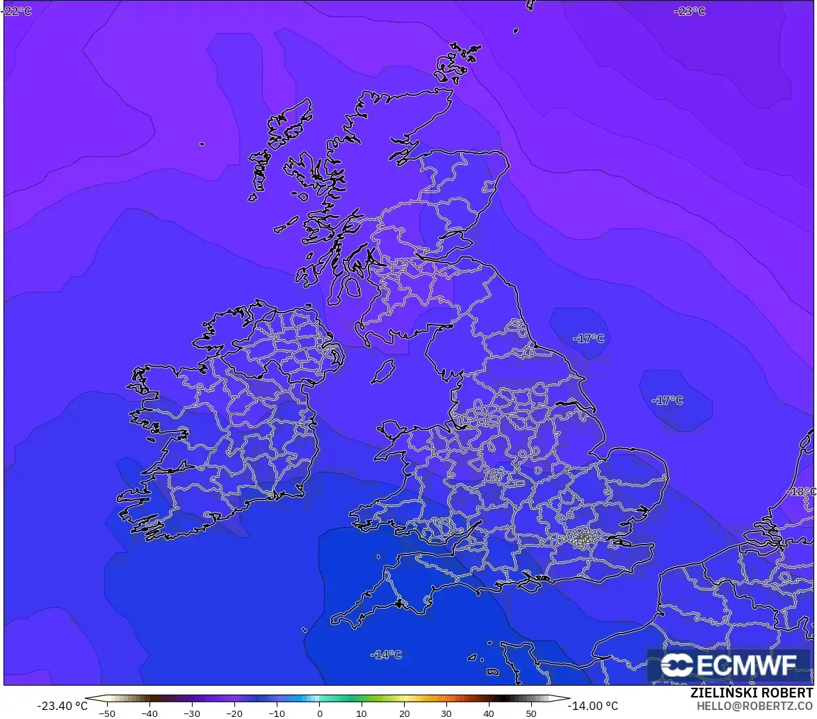 ECMWF IFS 0.25° modelo - Reino Unido, Temperatura a 500 hPa